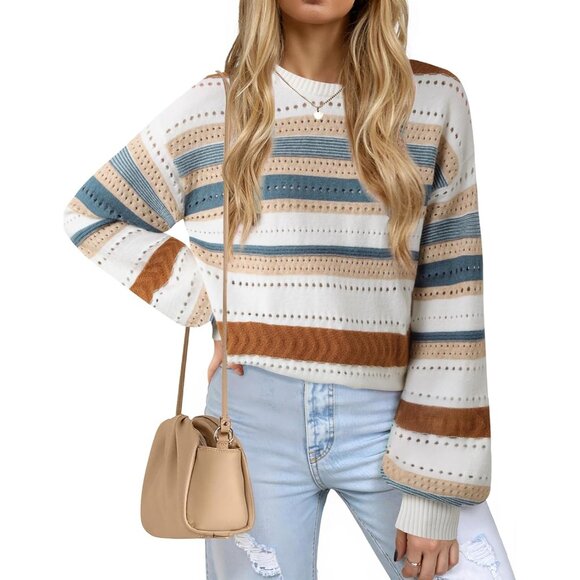 Women's Color Block Cozy Lantern Sleeve Knit Sweater Fall Casual Trendy - Picture 4 of 6